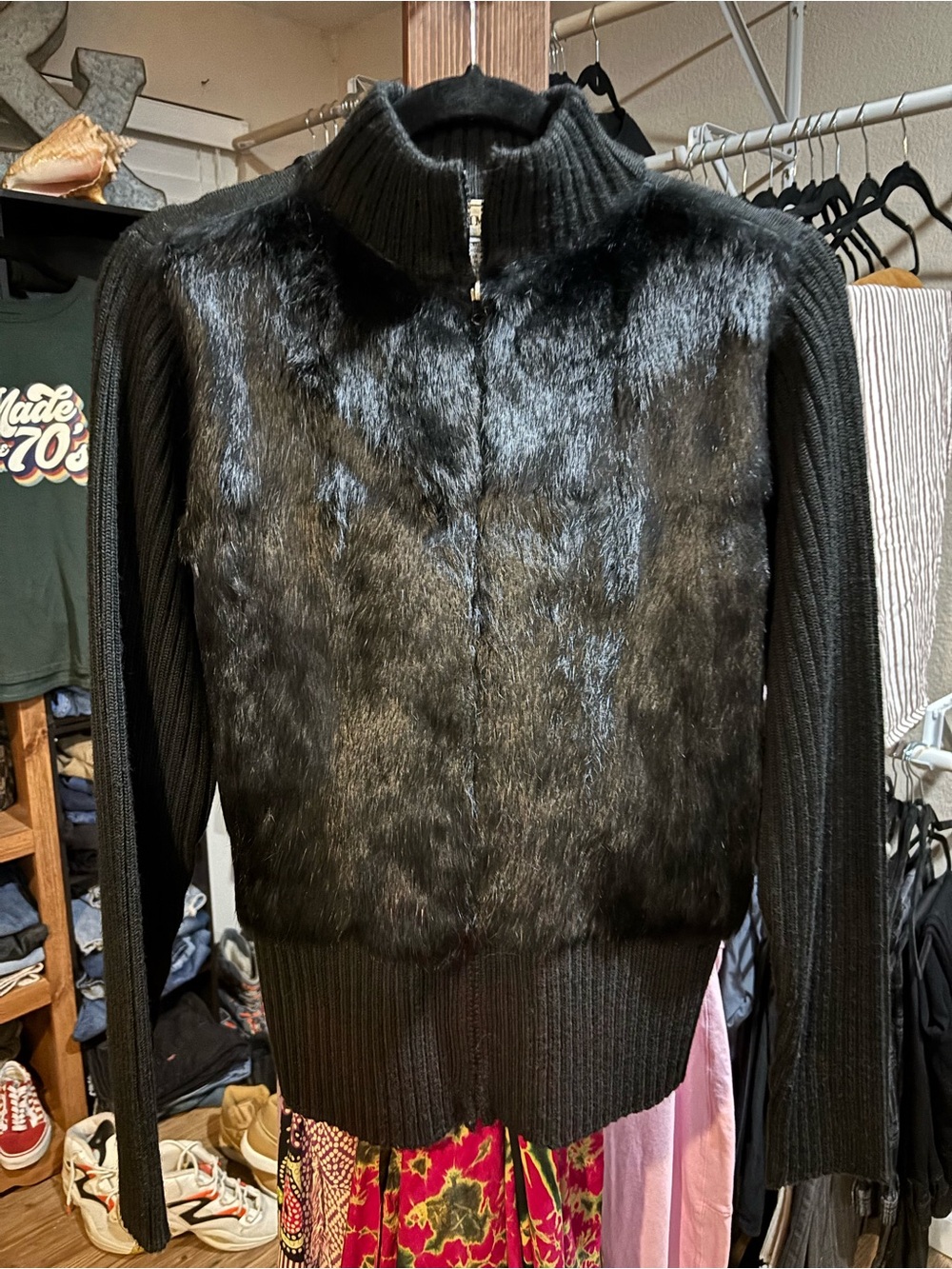 Jenni Black Fur Front Zip cardigan Jacket Y2K - Picture 2 of 5